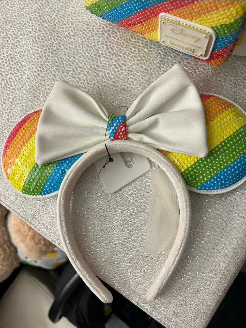 Loungefly Disney Minnie Mouse Rainbow Sequin Mini Backpack + Ears Headband